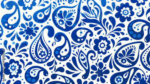 Vibrant Blue and White Paisley Pattern for Design Inspiration. This eye-catching seamless pattern showcases intricate paisley designs in rich blue hues against a crisp white background.
