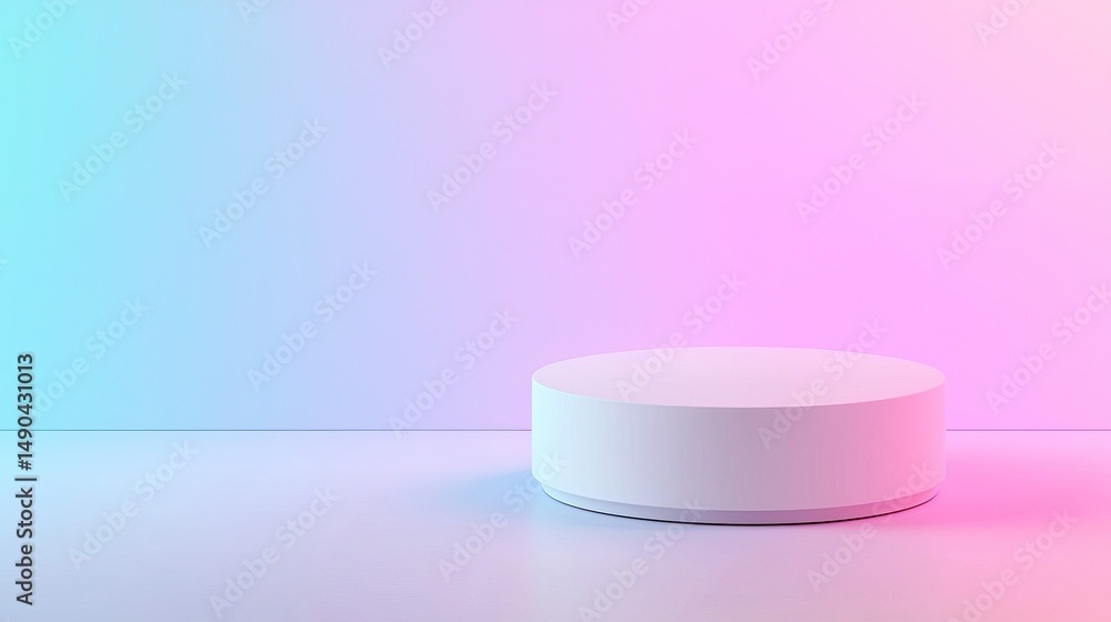 Minimalist white cylindrical platform against a vibrant blue and pink gradient background, ideal for product display or presentation. Minimalist white cylindrical platform against a vibrant blue and pink gradient background, ideal for product display or presentation.