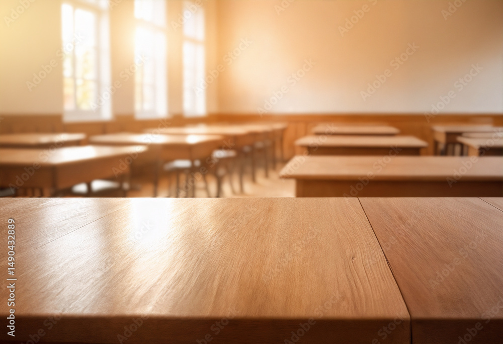 Fototapeta premium Empty classroom with wooden desks, chairs, and a green chalkboard, warmly lit by sunlight from the window—classic educational setting.