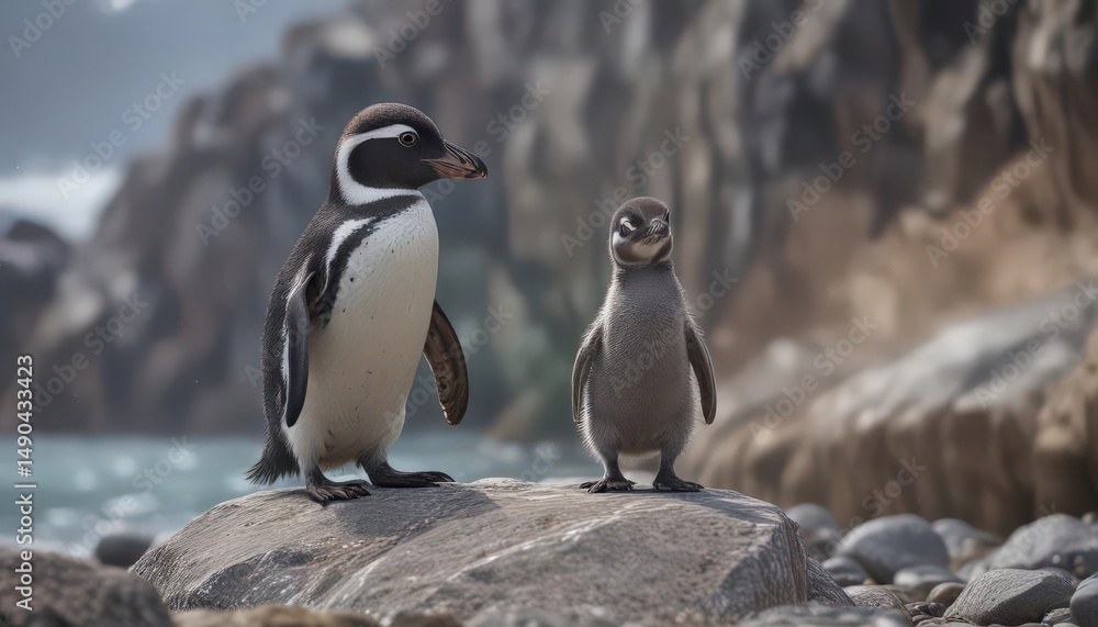 Obraz premium Humboldt penguin chick standing amongst rocks near the water , ocean, nature photography
