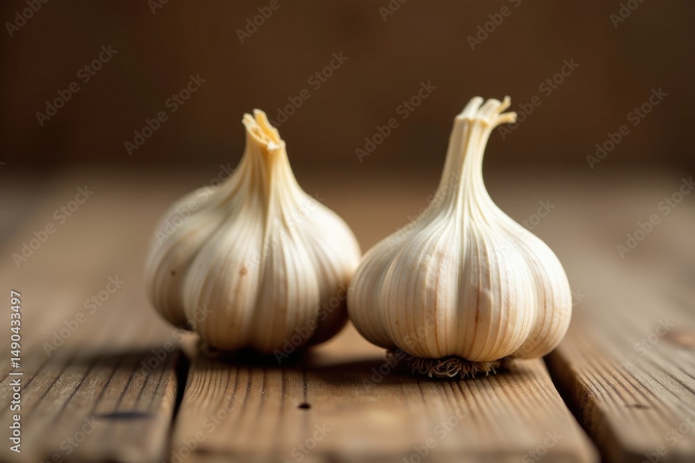 Obraz premium Two whole heads of garlic bulbs rest on rustic wooden planks, illuminated by soft natural light.