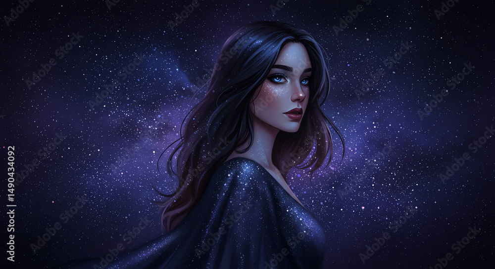 Woman in dark gown with starlight Woman in dark gown with starlight