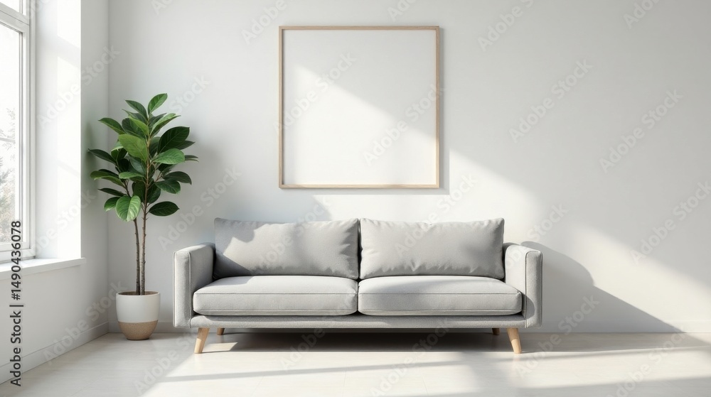 Fototapeta premium Bright sunlit living room interior design with a cozy light gray sofa and a large empty picture frame on a white wall, featuring a potted plant
