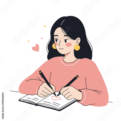 Teen girl drawing hearts in notebook while smiling at home  