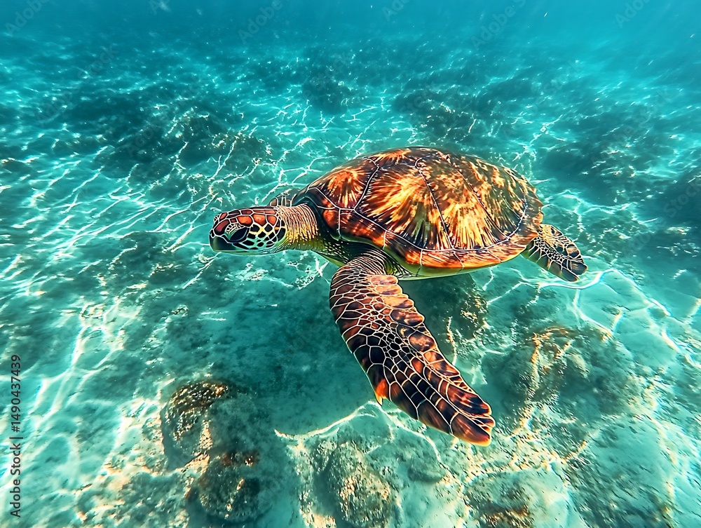 Fototapeta premium A Majestic Sea Turtle's Graceful Swim Through Clear, Turquoise Water Over a Sandy Bottom