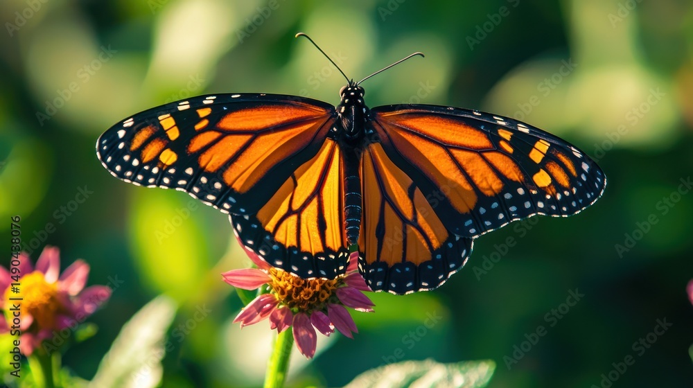A close-up of a monarch butterfly resting on a flower, its wings glowing in the sunlight A close-up of a monarch butterfly resting on a flower, its wings glowing in the sunlight