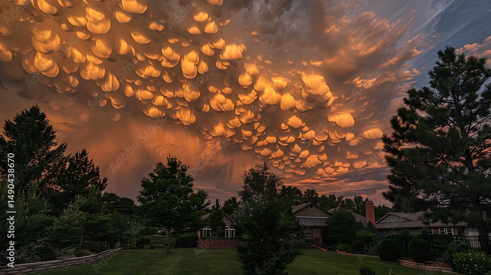 Fototapeta premium Strange, Pouch-Like Formations of Mammatus Clouds, Underlit by a Sunset