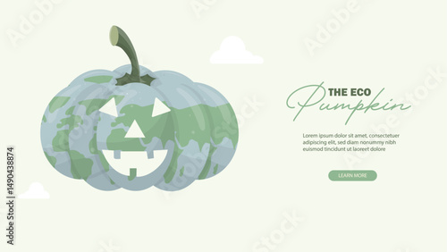 Eco-Friendly Green Pumpkin Halloween Banner Design. Green pumpkin with jack-o'-lantern face and "The Eco Pumpkin" title, promoting sustainable Halloween concepts. Flat style. Vector illustration
