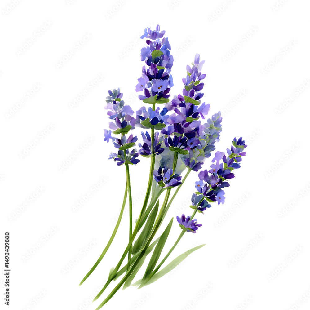Obraz premium A watercolor illustration depicting several sprigs of lavender. The lavender flowers are a soft purple color and are set against a clean png background
