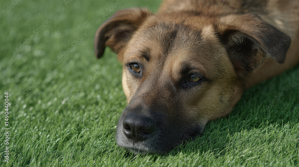 Brown dog lies on green artificial turf, looking relaxed and content Brown dog lies on green artificial turf, looking relaxed and content