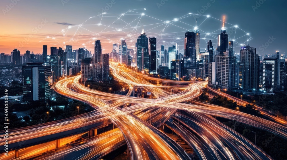 Fototapeta premium Modern city highway network, connected by digital lines