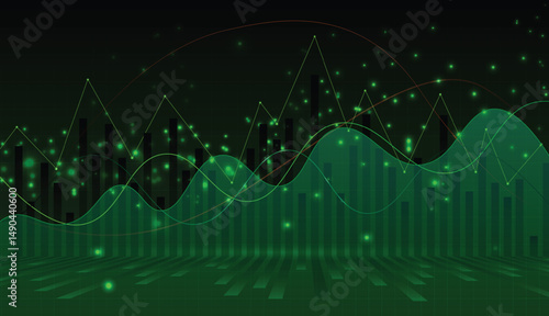 Illustration of stock market graph and chart design. with wave isolated lines lots of bright light spots vector technology background.