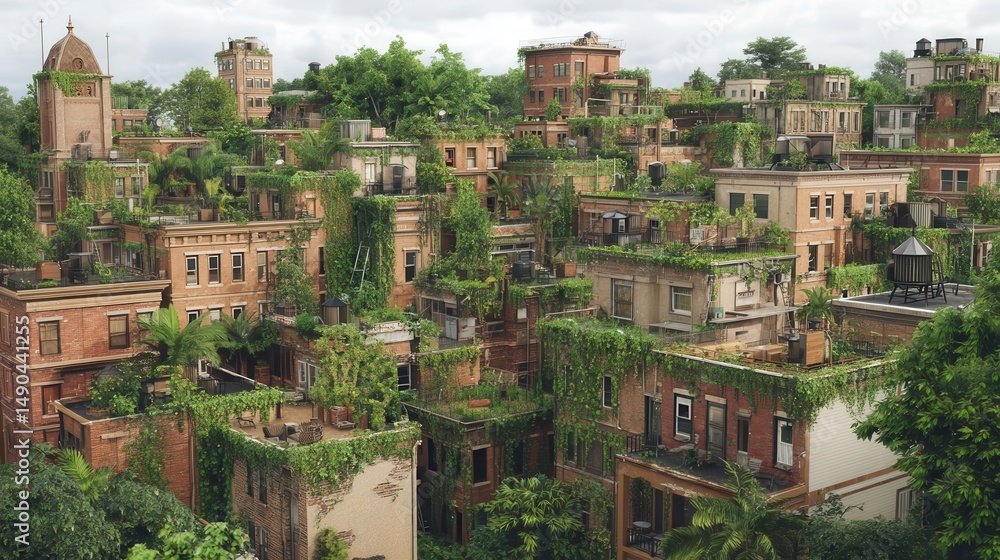 Fototapeta premium Lush overgrown urban buildings covered in greenery.