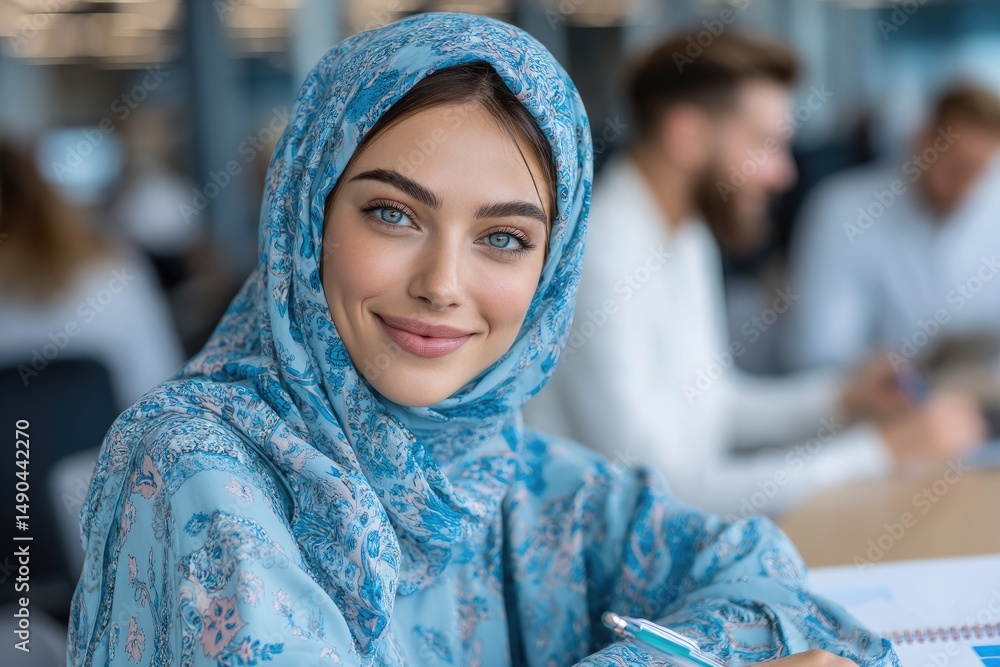 a beautiful woman wearing hijab, sitting at the table with notebook and pen in hands a beautiful woman wearing hijab, sitting at the table with notebook and pen in hands