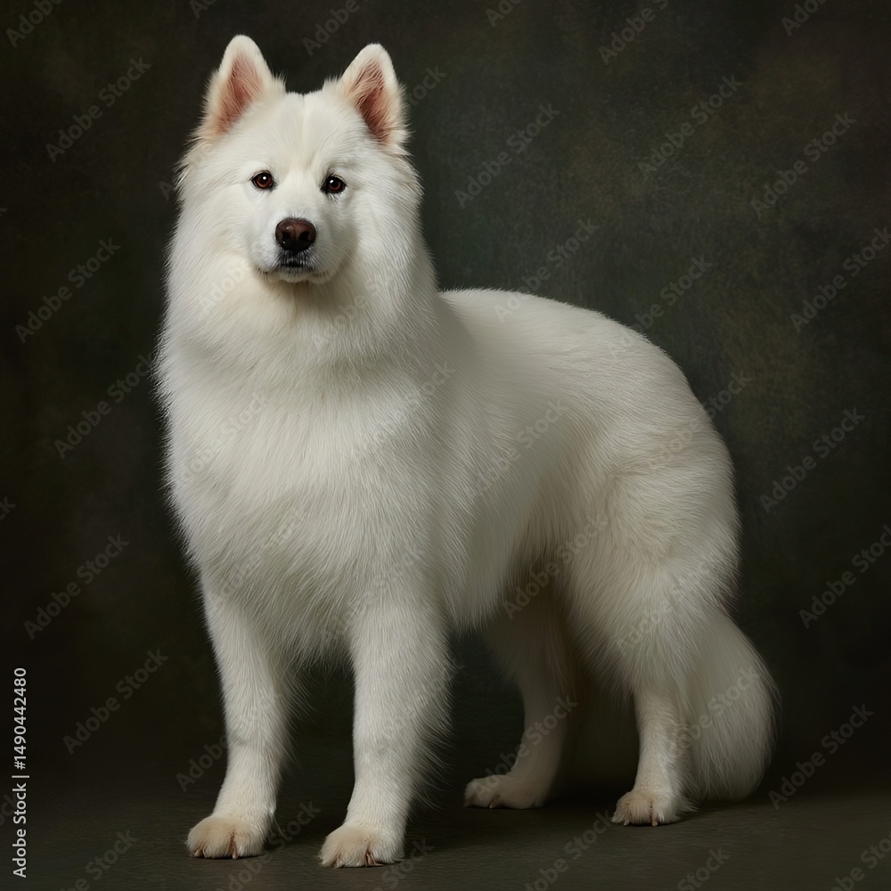 Fototapeta premium Majestic White Dog: Fluffy companion posing elegantly in a studio, showcasing its beautiful white fur.