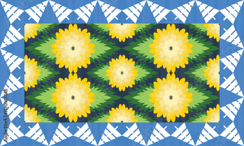 The blue border carpet pattern has a pattern arranged in a row and in the middle of the yellow there are beautiful flowers arranged in an orderly manner. Fabric patterns, vectors, blue background