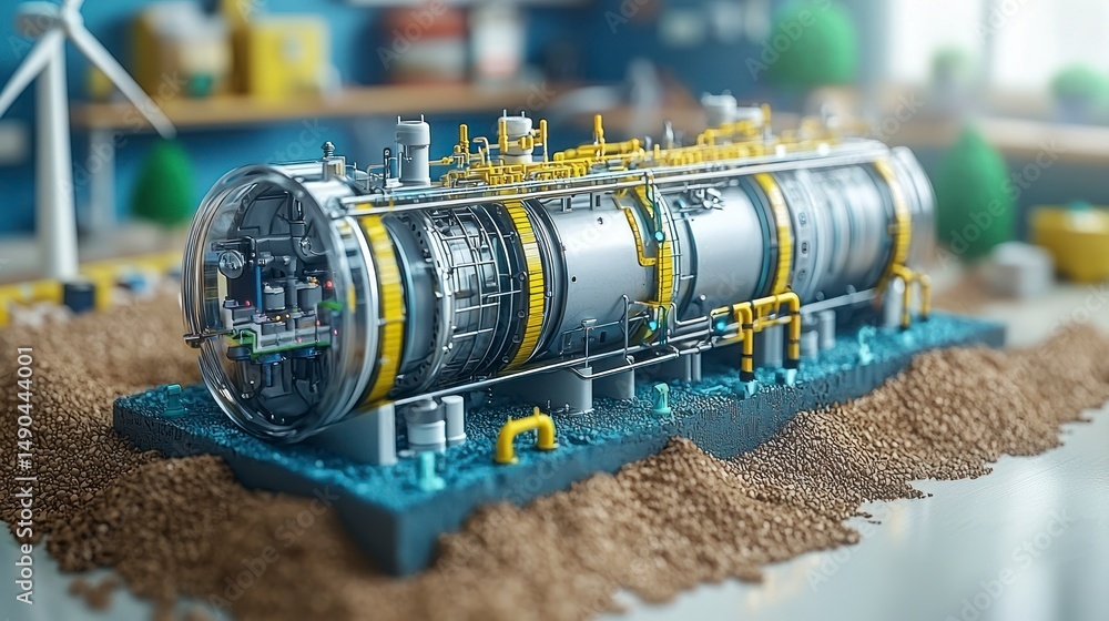 Fototapeta premium Detailed miniature model of a complex technological device, inside a room