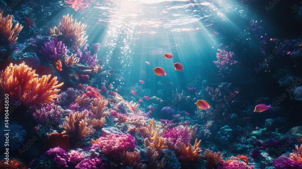 Fototapeta premium Colorful coral reef teeming with vibrant fish and sun rays shining through the water in a tropical ocean setting