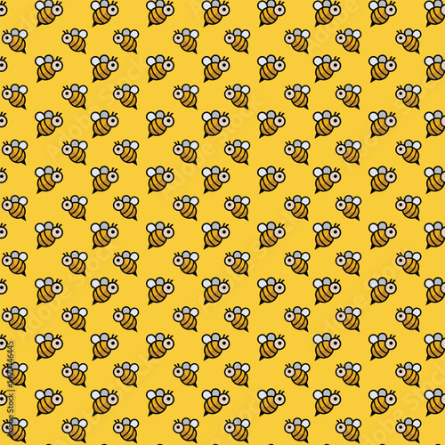 Playful seamless pattern featuring adorable cartoon bees buzzing across a vibrant yellow background. Perfect for eco-friendly designs, children’s products, stationery, packaging, and cheerful textile 