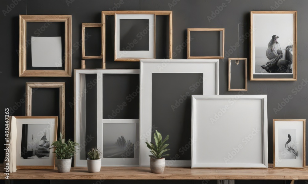 Fototapeta premium Stylish photo frame moodboard mockup; diverse frame sizes & shapes, clean aesthetic, texture, office, frame set