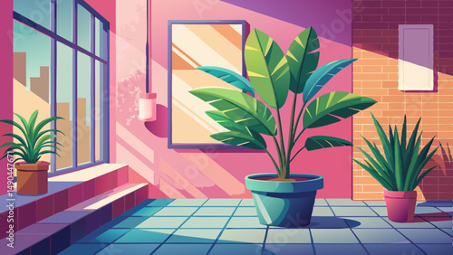 Minimalistic pastel scene with indoor tropical plants in decorative ceramic pots on color wall