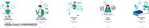 5 Effective Ways to Reduce Teen Anxiety onboarding mobile app page screen with concepts, flat vector template with RGB color illustrations