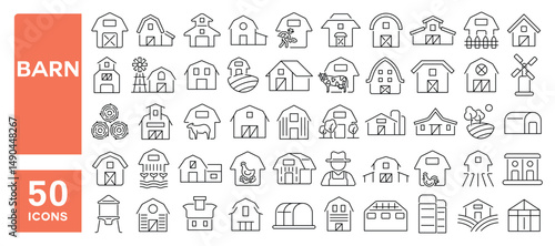 Set of 50 line icons related to barn, stable, shed, silo, hangar, paddock, ranch, farm, Editable stroke. Vector illustration