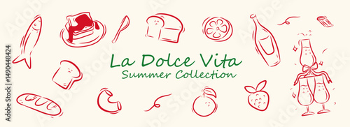 Summer italian food set. Hand drawn mediterranean dinner with croissant, sardines, bakery, orange, lemon, wine. Dolce vita aesthetics whimsical doodles icon. Perfect for print, design menu, sticker.	