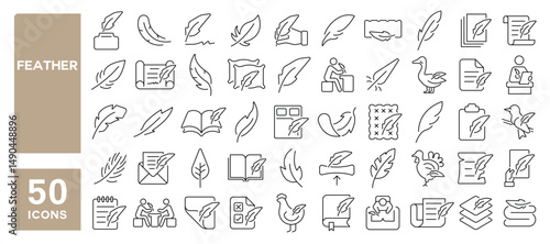 Set of 50 line icons related to feather, soft, filler, bird feather, quill, fluffy, plume, quill pen, Editable stroke. Vector illustration