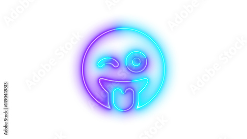 Neon face grin tongue wink symbol icon glowing with transparent background
