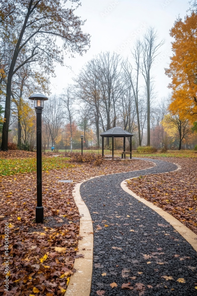 Fototapeta premium Autumn Park Path Gravel Pathway Among Colorful Fall Foliage