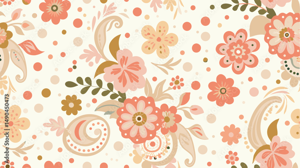 Fototapeta premium Whimsical Floral Print with Pastel Colors and Paisley Design. This seamless pattern features a delightful mix of floral motifs in soft peach, coral, and beige tones.