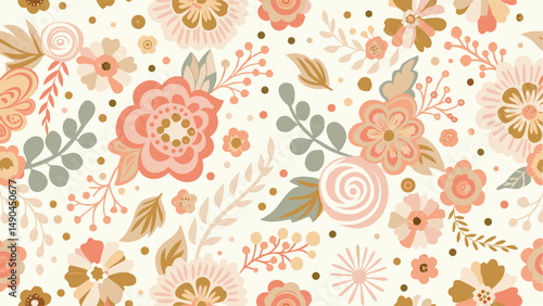 Wallpaper Mural Delicate Floral Pattern in Peach and Cream Tones. Torontodigital.ca