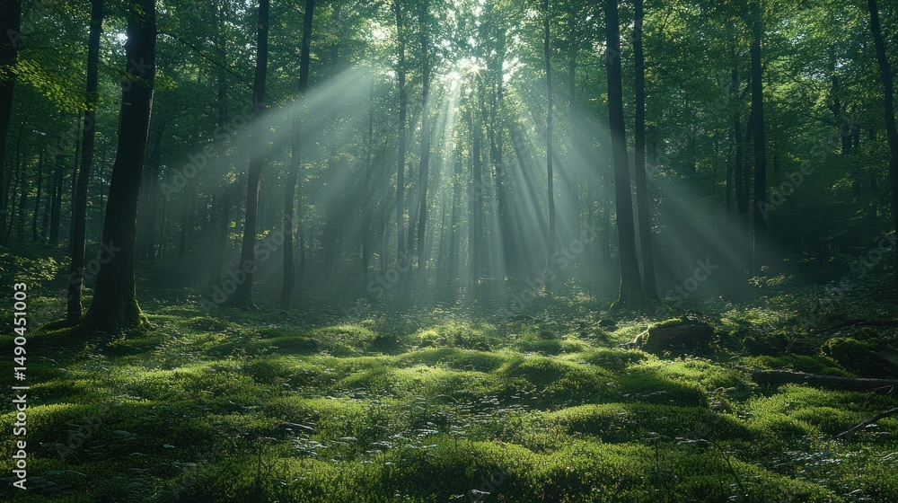 Obraz premium Sunbeams Illuminating a Mystical Forest
