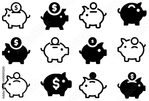 Piggy Bank Icon Set – Savings, Money Box, Finance Vector Symbols:
Cute and functional piggy bank icons, ideal for representing savings, personal finance, and money management in your projects.
