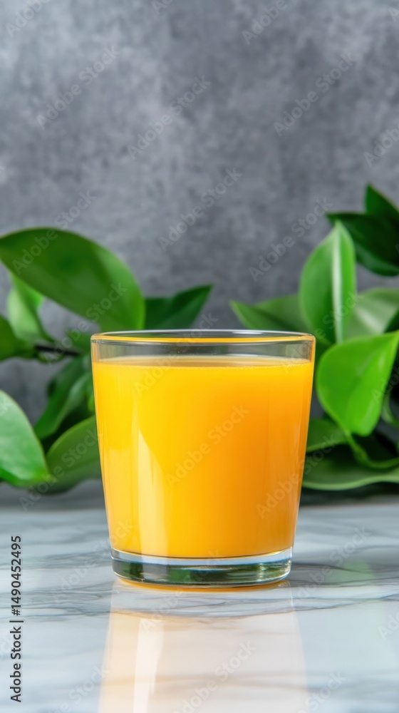 Fototapeta premium Fresh pressed orange juice in glass still life with greenery backdrop