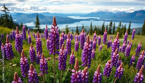 Fototapeta Naklejka Na Ścianę i Meble -  Vibrant purple lupine flowers bloom in a Chugach State Park meadow overlooking Turnagain Arm, beautiful, scenic view
