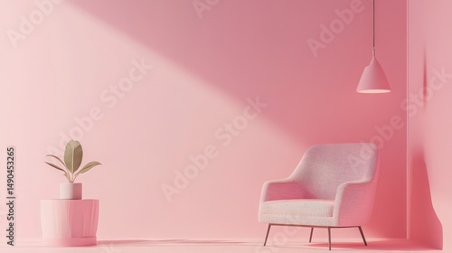 Interior scene with pink armchair plant and lamp creating a monochromatic aesthetic design space