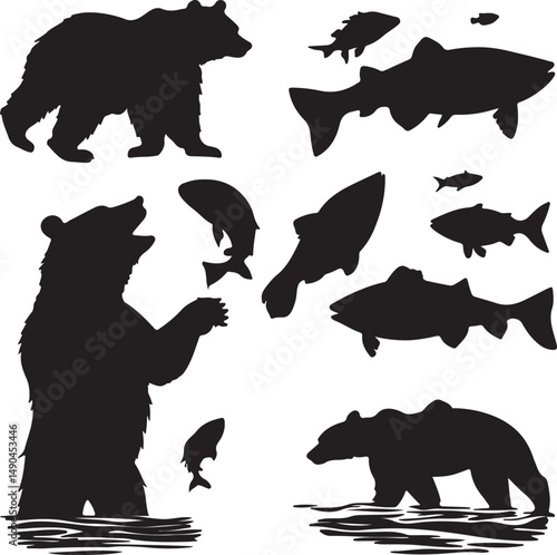 Bear and Fish Silhouette Vector Art: Wildlife Illustration of Grizzly Bears Catching Salmon in River, Black and White Graphic Design Element