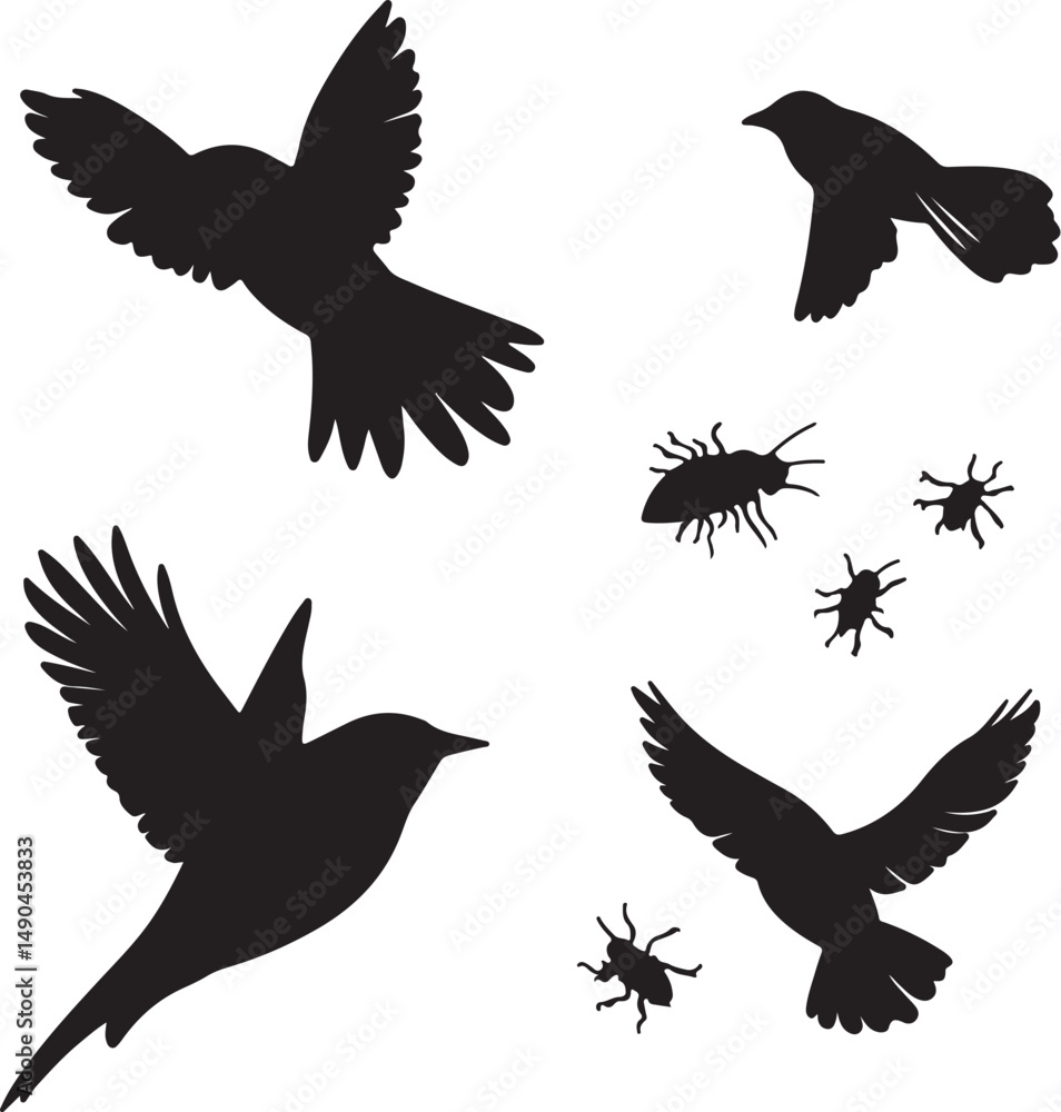 Obraz premium Silhouette of Birds in Flight Hunting Insects Vector Illustration: Graphic Design of Flying Birds Catching Bugs and Beetles for Ornithology Projects