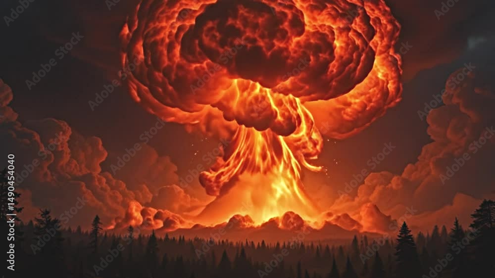 visualize a devastating nuclear strike, towering mushroom shaped ...