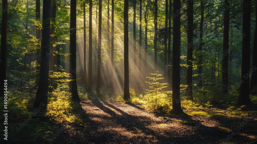 Fototapeta premium Sunlight filters through tall trees in a tranquil forest during early morning hours