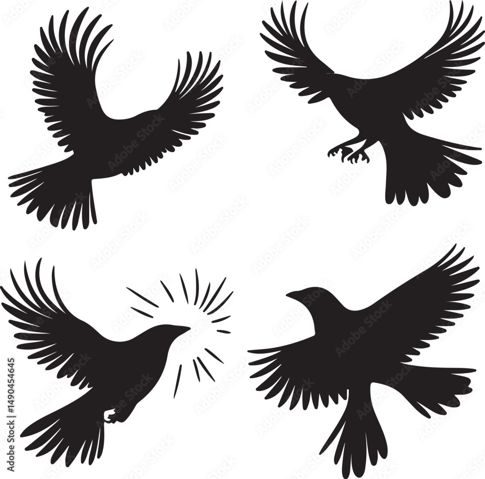 Obraz premium Black Silhouette of Crows in Flight Vector Art: Graphic Illustration of Birds Flying, Crow Silhouette Images, Animal Design Element, Wildlife Art