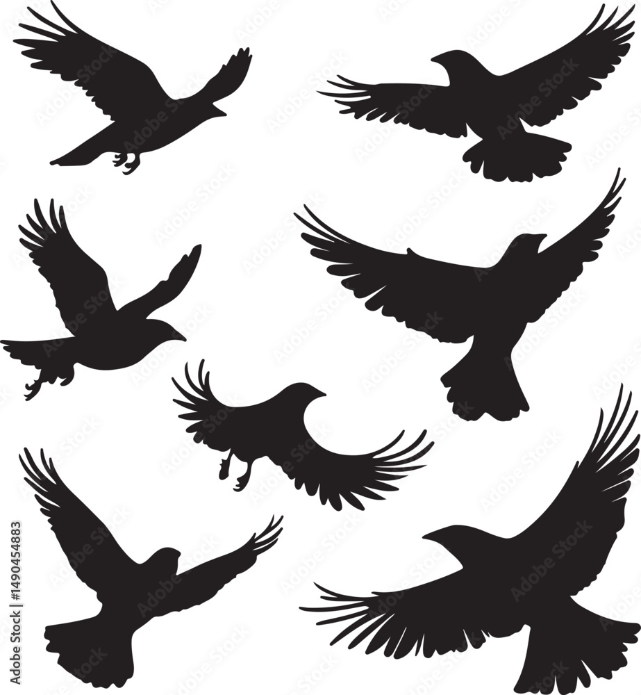 Fototapeta premium Black Silhouette of Birds in Flight: Vector Illustration of Crows, Ravens, or Similar Birds Flying Against a White Background