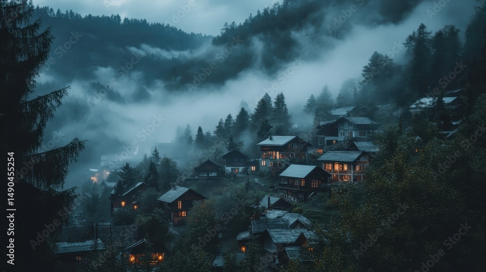 Fototapeta premium Morning mist envelops rustic village nestled in the mountains during dawn