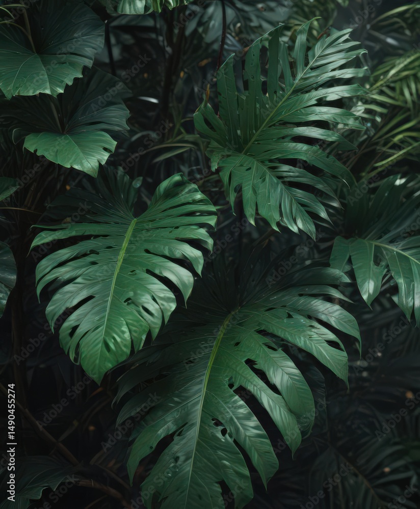 Fototapeta premium Dark, saturated green tropical leaves, close-up view , detail, dark