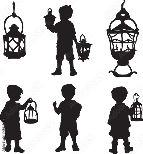 Silhouette Art: Vintage Lanterns & Children Illustrations - Whimsical Vector Graphics for Crafts, Scrapbooking, & Design Projects