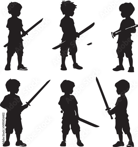Silhouette Vector Art: Young Boy Poses with Toy Sword, Playful Child Warrior, Fantasy Illustration, Black and White Graphics, Swordplay Fun