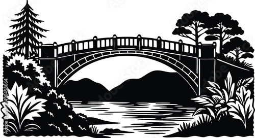 Silhouette of Bridge Over River at Night – Scenic Landscape Vector Illustration