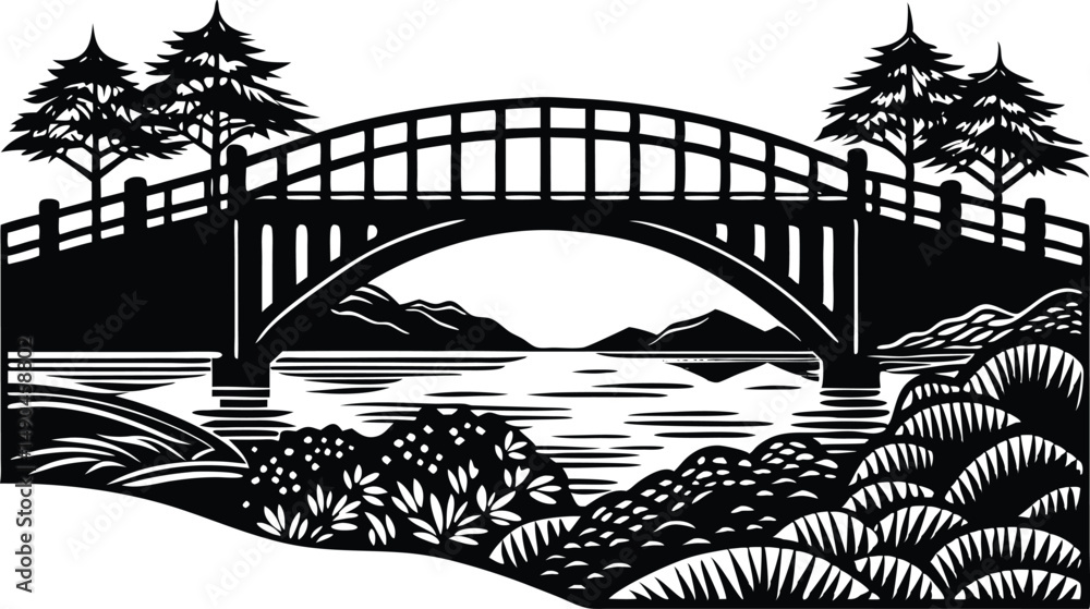 Fototapeta premium Silhouette of Bridge Over River at Night – Scenic Landscape Vector Illustration